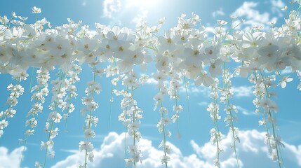 Blue sky and white clouds, strings of white flowers, beautiful, high-end, very exciting. Generative AI.