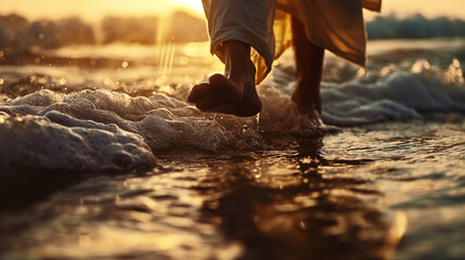 Close-up of a person's feet walking on the seashore during sunset with waves and water splashing around, creating a serene and warm atmosphere.