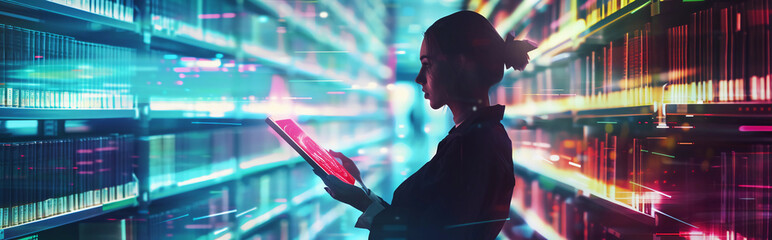 Person visits a futuristic digital library