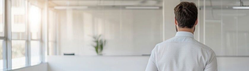 Obraz premium A professional man stands in an office, reflecting on his work in a bright and modern environment with natural light.