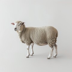 Fototapeta premium Medium shot of a sheep, isolated on a light solid pastel white background 