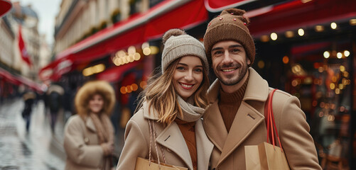 Fototapeta premium Young couple on city street, shopping bags, smiling, beige coat, blonde woman, red awnings background. Generative AI.