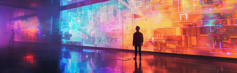 Person visiting a futuristic digital art gallery