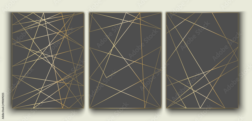 Poster set of luxury posters with golden lines. dark textured backgrounds decorated with shiny gold. geomet
