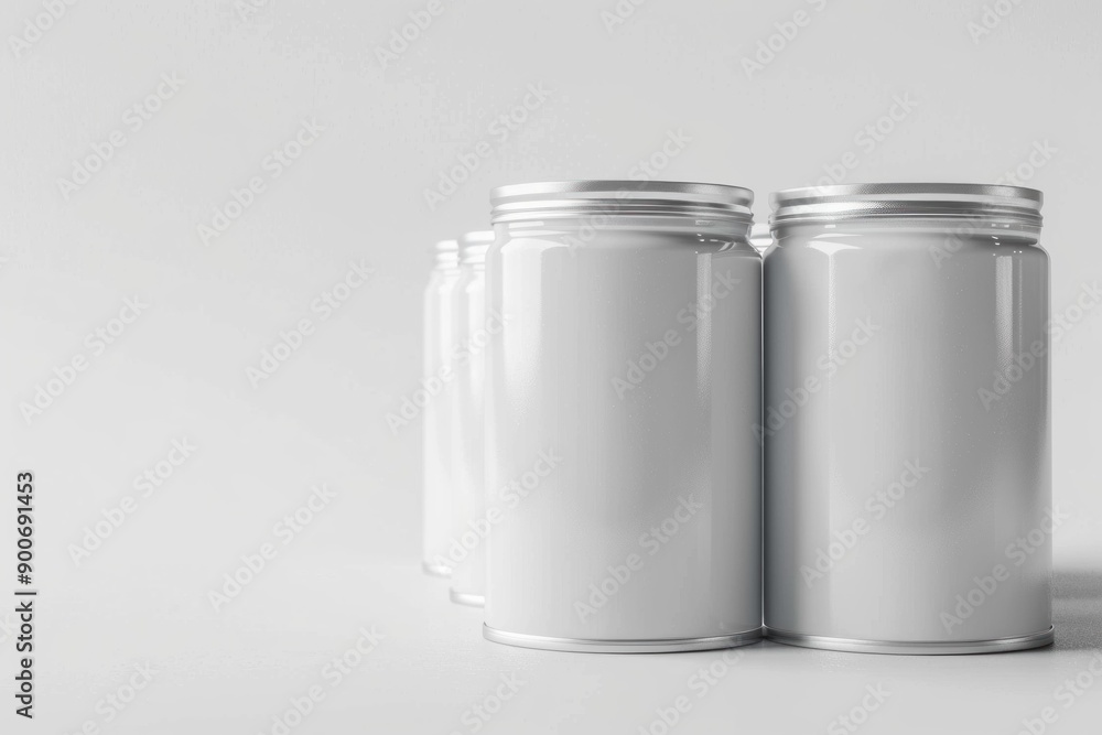 Aufkleber white unlabeled tin cans in a row with a soft shadow, ideal for branding mockups