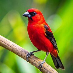 Obraz premium A vibrant red bird with black and feathers in forest image.