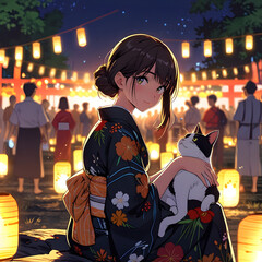 Yukata girl in Japanese festival with cat
