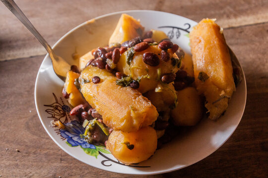 Meal in Uganda  - matoke bananas with beans