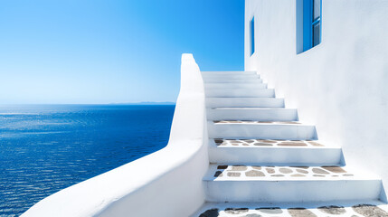 Beautiful Mediterranean architecture in traditional Greek style with white and blue building and stone staircases
