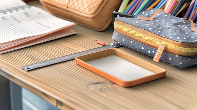 A tidy school desk with an open textbook, a pencil case, and a ruler, with an empty section of the desk for copy space.
