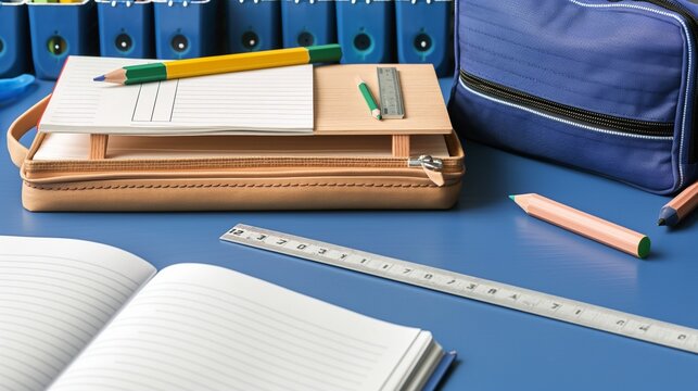 A tidy school desk with an open textbook, a pencil case, and a ruler, with an empty section of the desk for copy space.