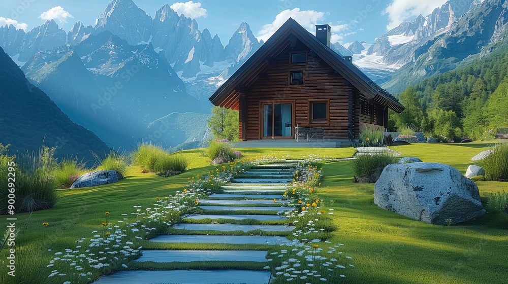 Poster a modern log cabin in green grass and a japanese stone path leading up to it, surrounded by mountain