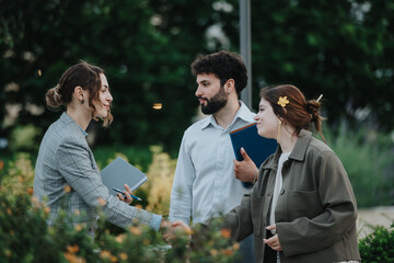 A group of business professionals engaged in an outdoor meeting, shaking hands and sharing ideas.