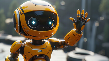 A futuristic 3d metal robot character waving to the came