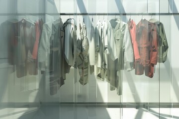 Trendy apparel elegantly displayed behind a glass facade bathed in natural sunlight