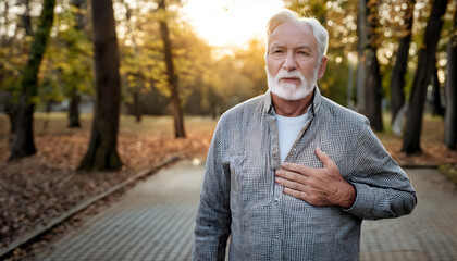 Fototapeta premium elder man with chest pain. heart attack patient. pain distorted face. walking in a park.