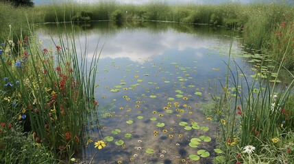Fototapeta premium A tranquil pond surrounded by wildflowers and tall grasses, with clear water reflecting the sky, highlighting the significance of freshwater protection.