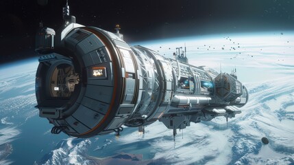 Space habitat floating in orbit around a gas giant