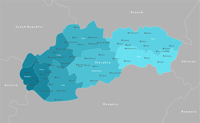 Vector modern illustration. Simplified administrative map of Slovakia. Border with nearest states as Hungary, Poland and etc. Names of cities and regions