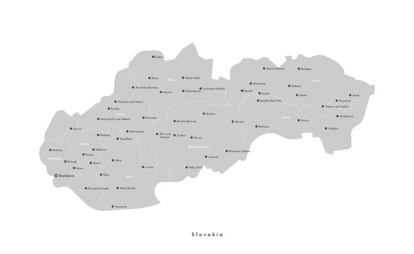 recommend clip art: Vector isolated modern illustration. Simplified administrative map of Slovakia in grey color. Names of cities and regions