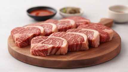 Several pieces of raw marbled beef steak on a wooden cutting board with bowls of dipping sauce and garnishes in the background.
