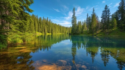 A tranquil summer lake surrounded by tall pine trees, with a clear reflection of the blue sky and greenery, creating a calming wallpaper background.