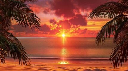 Fototapeta premium A tranquil tropical beach scene at sunset, with the sky ablaze in shades of red, orange, and pink, and the sun casting a golden path across the calm ocean, framed by palm trees.