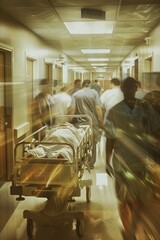 Emergency Room Rush: Medical Staff Transporting Patient on Gurney in Busy Hospital Hallway