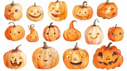Naklejka premium Halloween pumpkins set. White background. Watercolor illustrations