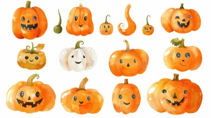 Fototapeta premium Halloween pumpkins set. White background. Watercolor illustrations