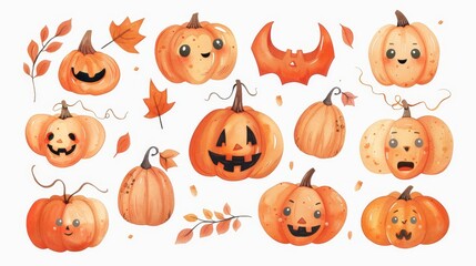 Naklejka premium Halloween pumpkins set. White background. Watercolor illustrations