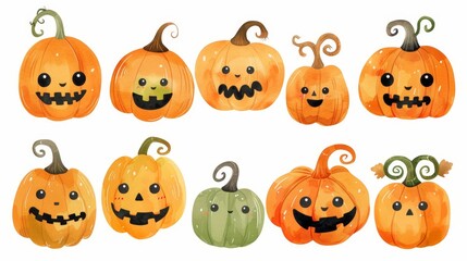 Obraz premium Halloween pumpkins set. White background. Watercolor illustrations
