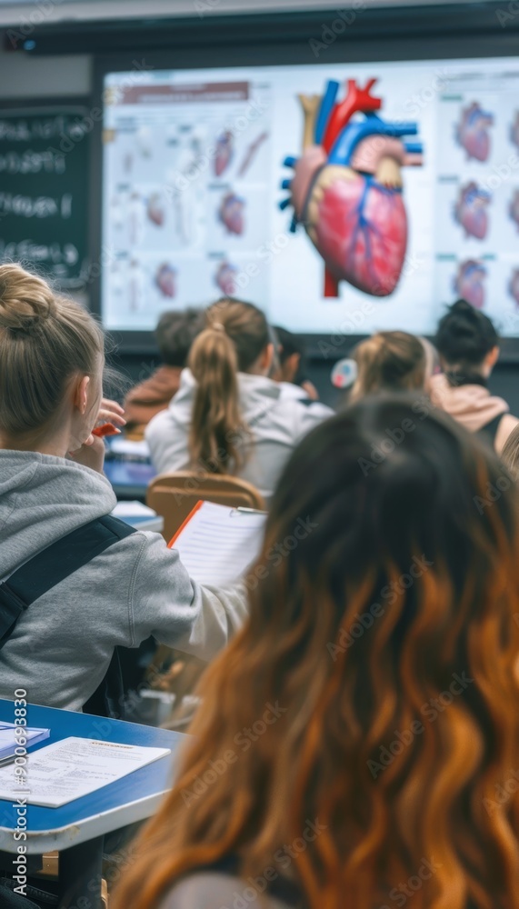 Poster cardiovascular health lecture in classroom setting with students and educational charts