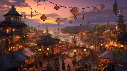Enchanting sunset over a vibrant market filled with lanterns and cultural stalls, radiating warmth and festive atmosphere.