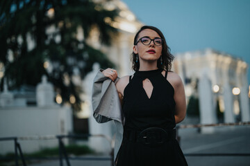 A confident businesswoman with glasses, posing outdoors in an elegant dress during the evening,...