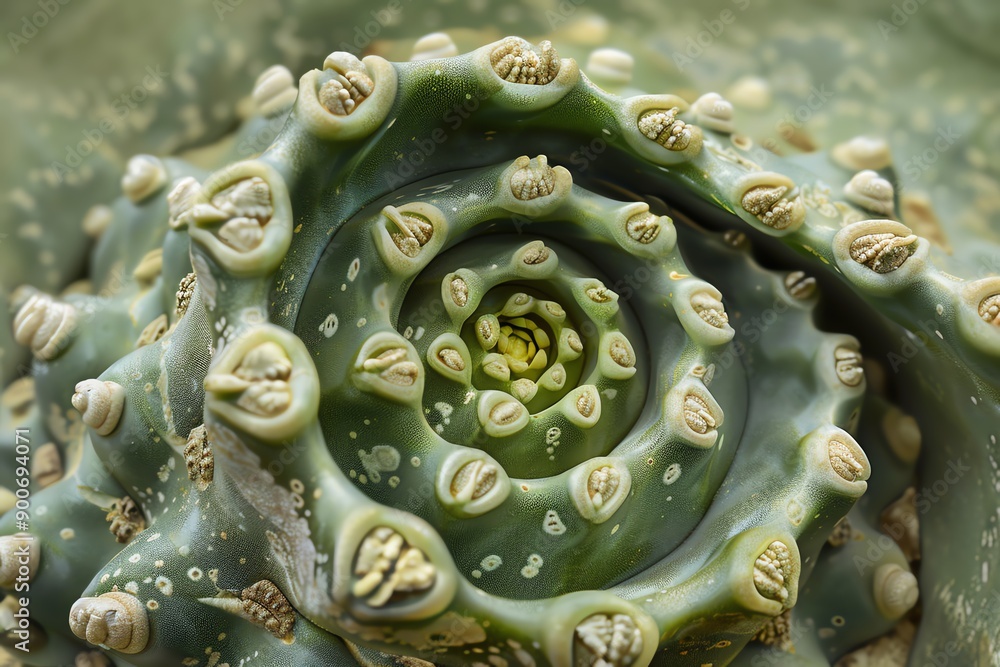 Aufkleber Close-up macro shot of a green cactus displaying a unique spiral pattern and texture, ideal for nature and botanical themed designs.