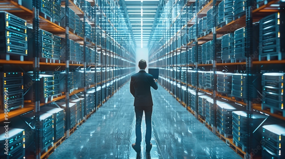 Poster the chief technology officer of the center is holding a laptop while standing in a warehouse. inform
