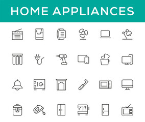Home appliances and Household items simple line icon set. Editable stroke. icons for website. home symbols, furniture, kitchenware, Home appliances and electronics icons