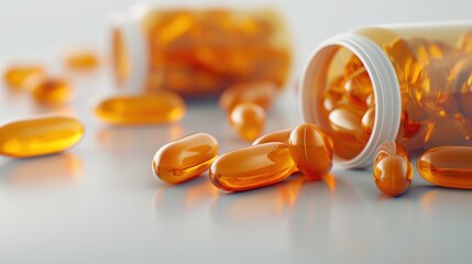 Close-up of orange gel capsules spilling out of an open bottle on a white surface, used for health and dietary supplements.