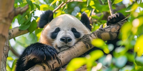 Obraz premium Tranquil Repose: Close-Up of a Peaceful Panda Resting in a Lush Canopy