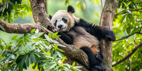 Fototapeta premium Tranquil Repose: Close-Up of a Peaceful Panda Resting in a Lush Canopy