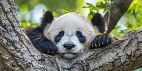 Obraz premium Tranquil Repose: Close-Up of a Peaceful Panda Resting in a Lush Canopy