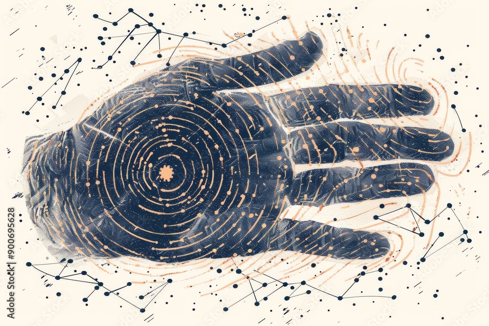 Poster artistic rendering of a handprint with detailed circular patterns in blue and beige