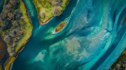 Aerial view turquoise river green islands diverse aquatic patterns natural landscape