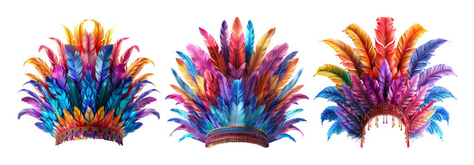 Vibrant feather headdresses isolated on transparent background