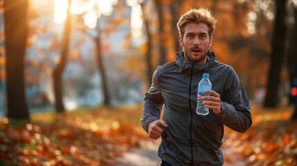 Obraz premium Young man jogging in a park during autumn with a water bottle, surrounded by colorful fall foliage
