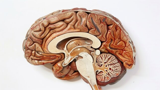 Detailed Cross Section Illustration of Human Brain Highlighting Lobes and Regions for Educational Use