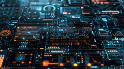 Fototapeta premium Abstract Futuristic Circuit Board with Glowing Orange and Blue Lights