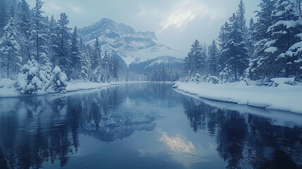 Quiet lake in winter in the forest close-up