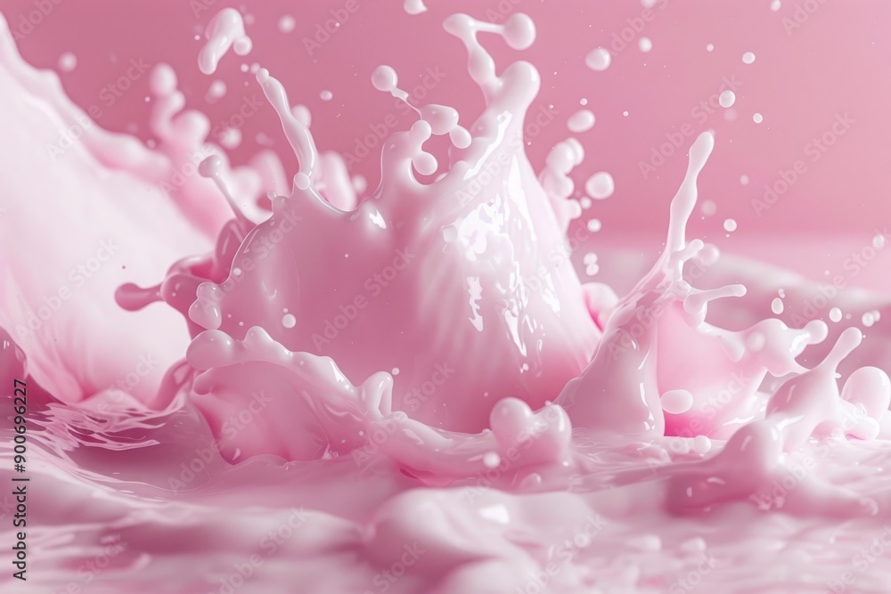 Poster dynamic milk splashing scene with droplets on a soft pink background